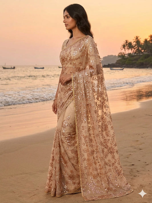 Soft Net Brown Copper Sequence Saree with Unsticthed Blouse