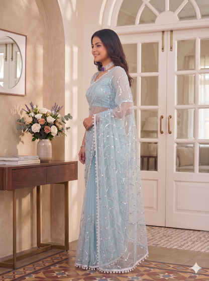 Net Sequence Saree with Unsticthed Blouse