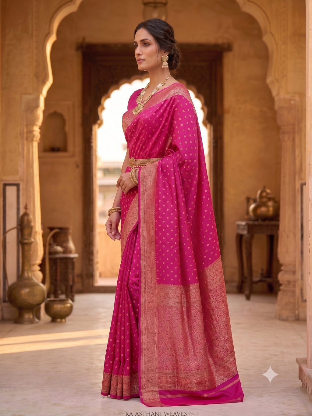 Silk Blend Golden Zari Border Woven Design Saree with Booti/Unstitched Blouse