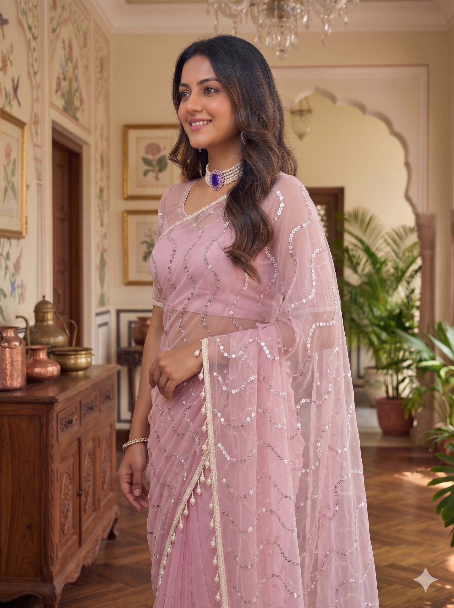 Net Sequence Saree with Unsticthed Blouse