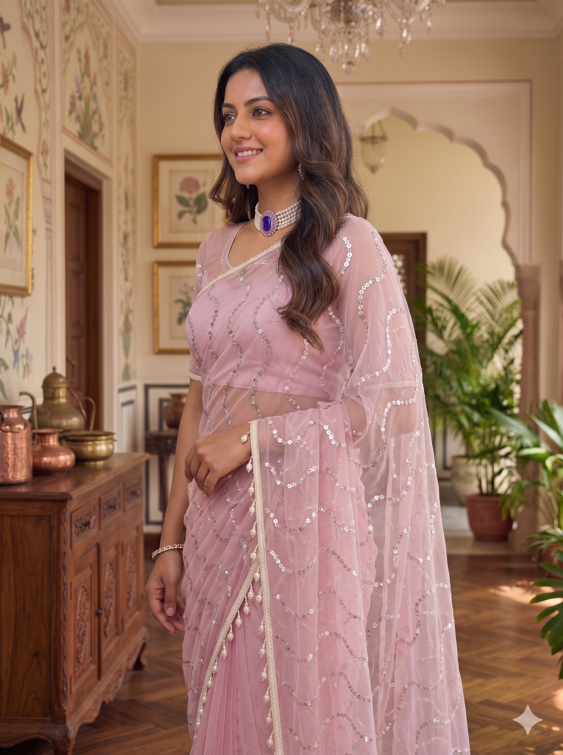 Net Sequence Saree with Unsticthed Blouse