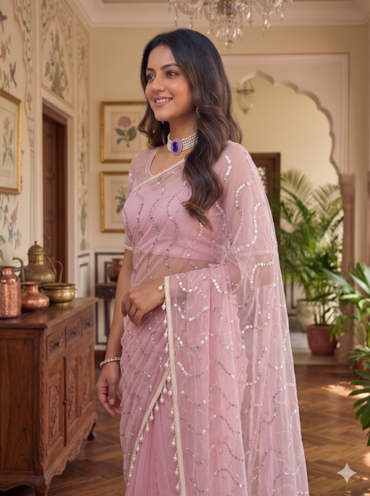 Net Sequence Saree with Unsticthed Blouse