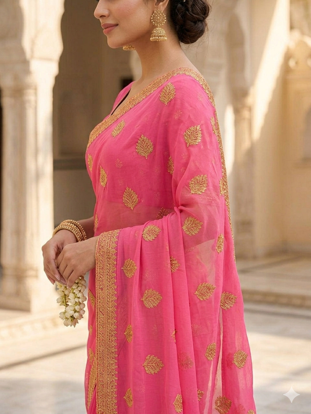 Pink golden Embroidery Georgette Saree