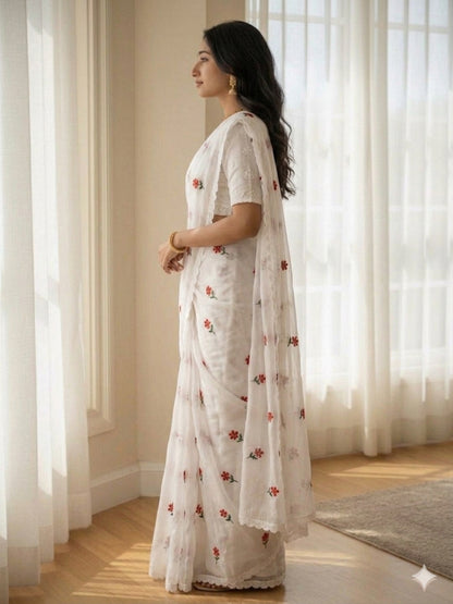 White SAREE WITH THREAD WORK & BLOUSE BANGLORI BLOUSE WITH SEQUENCE WORK