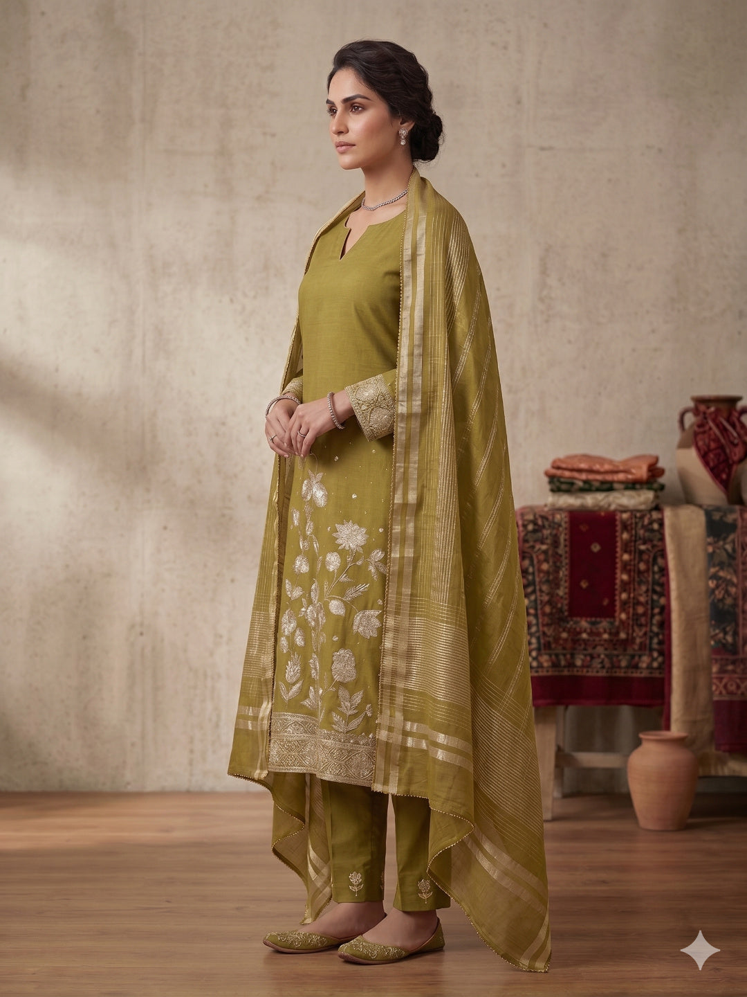 Green Unstitched 3pc Suit Cotton Suit Embroidery Work