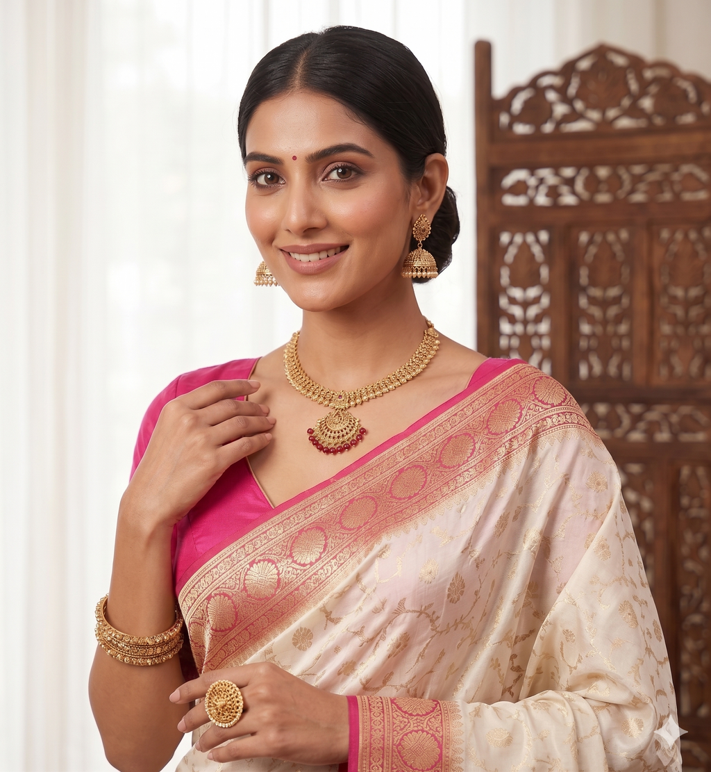 Banarasi Silk Cream & Dark Pink Zari Weaving Work Unstitched Blouse