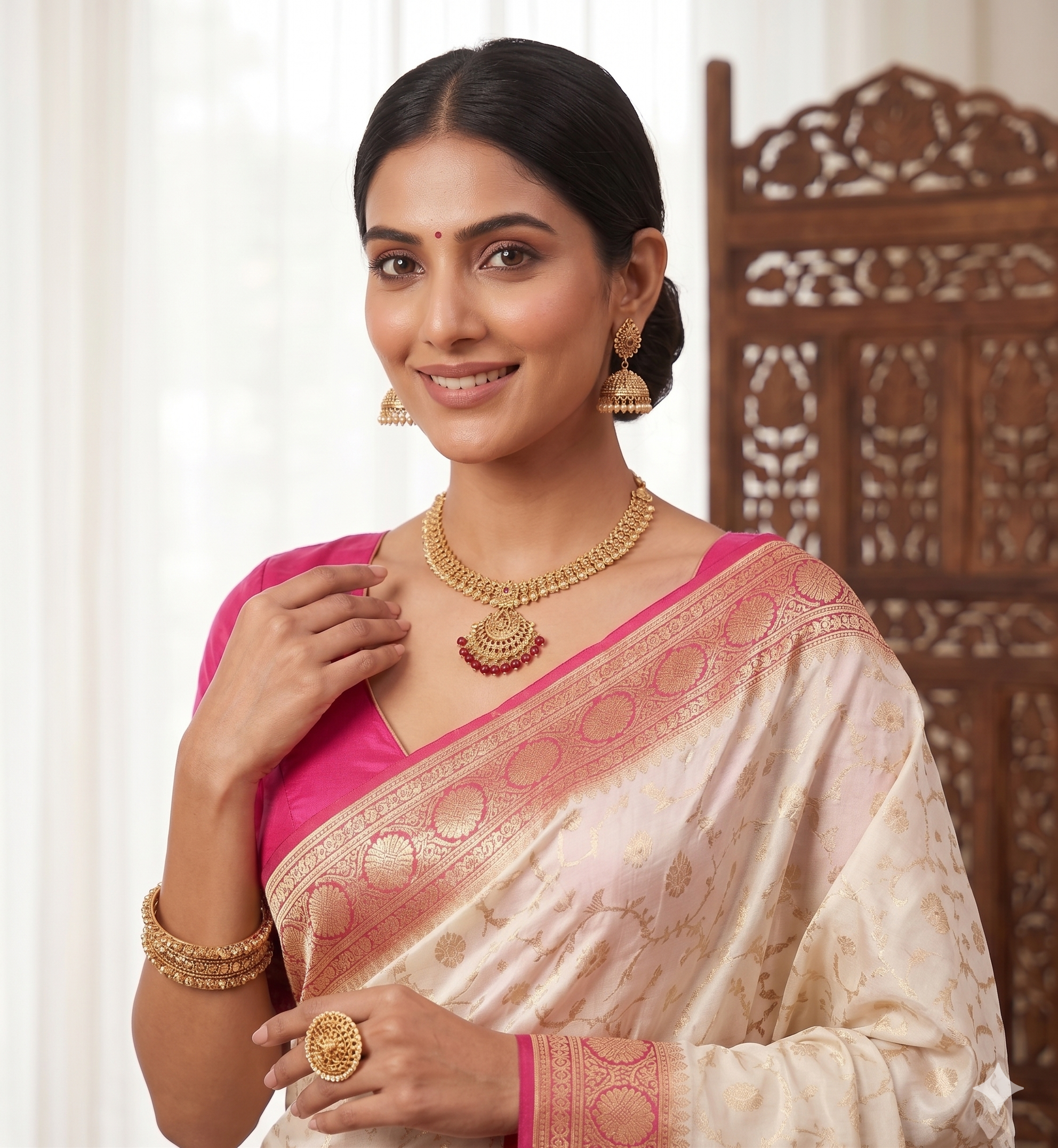 Banarasi Silk Cream & Dark Pink Zari Weaving Work Unstitched Blouse