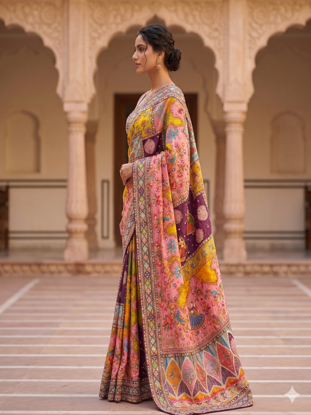 Heavy masakali georgette saree with rajgharana culture digital print and mirror work