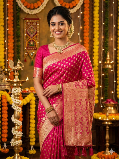 Soft Silk Dark Pink & Golden Zari Border Swarovski Work with Booti/Unstitched Blouse