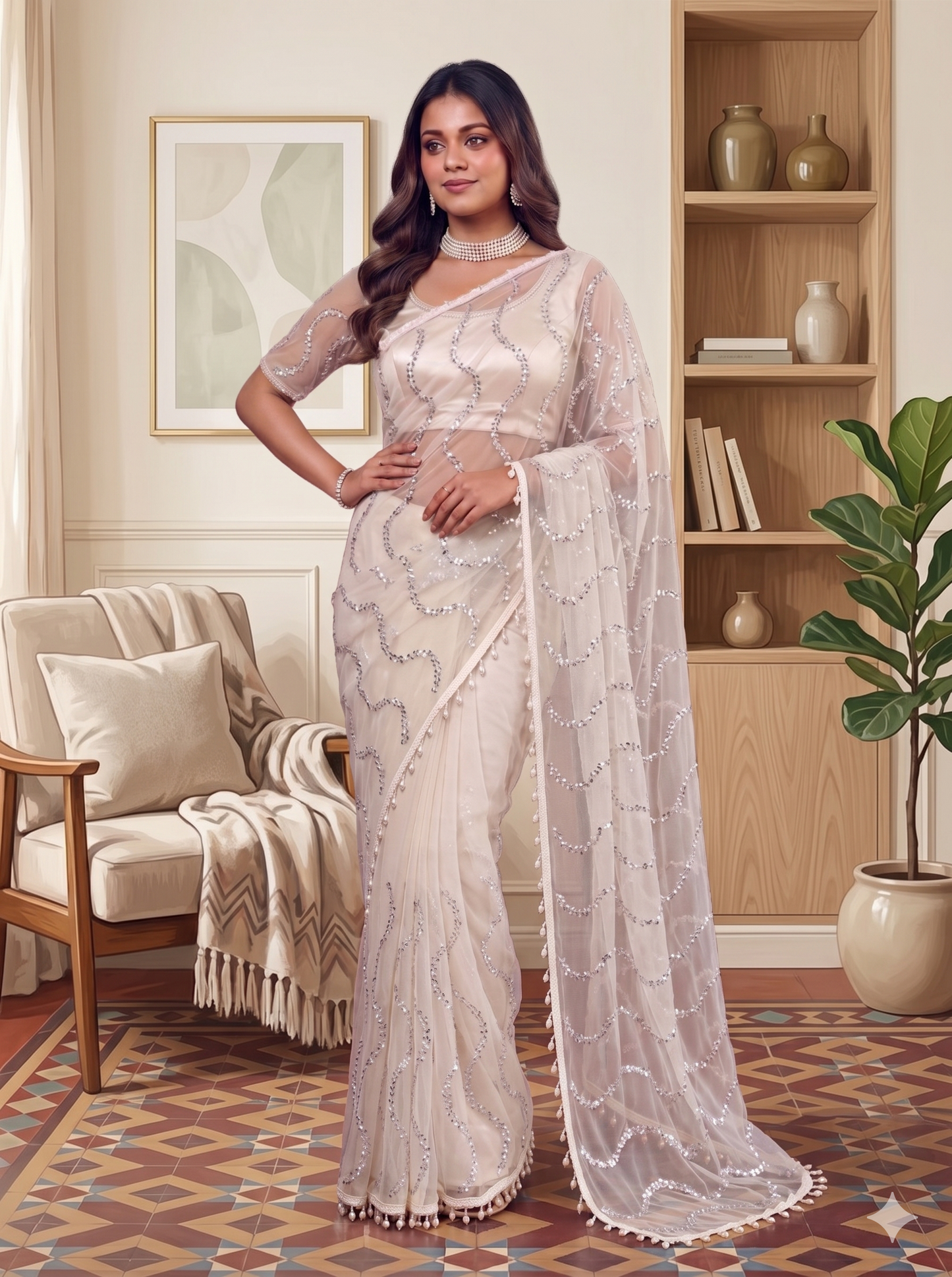 Net Sequence Saree with Unsticthed Blouse