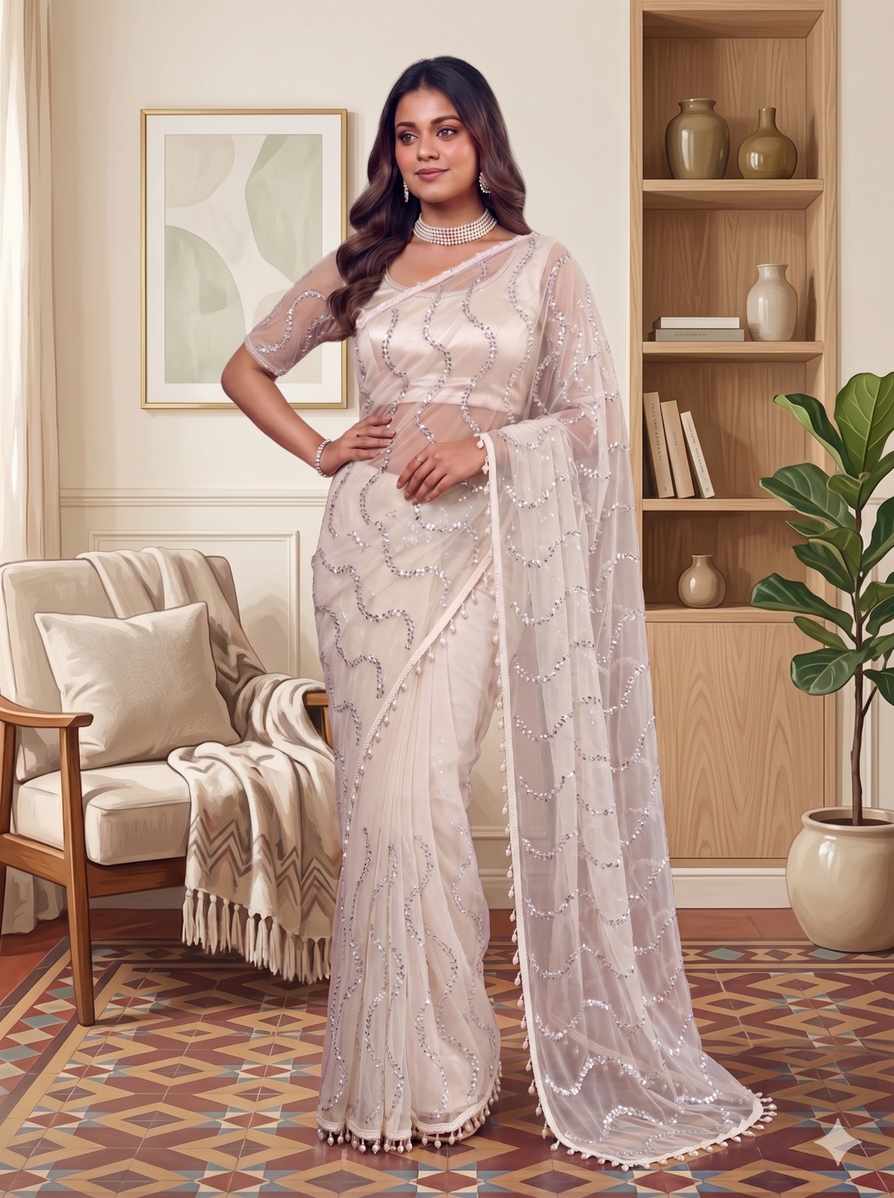 Net Sequence Saree with Unsticthed Blouse