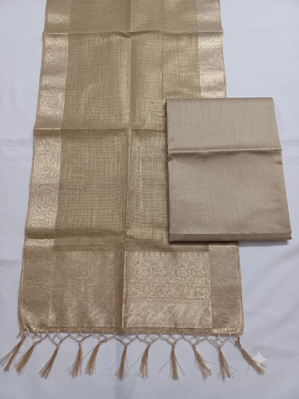 Bronze Banarsi tissue Silk 3pc unstitched dress material  Zari weaving border