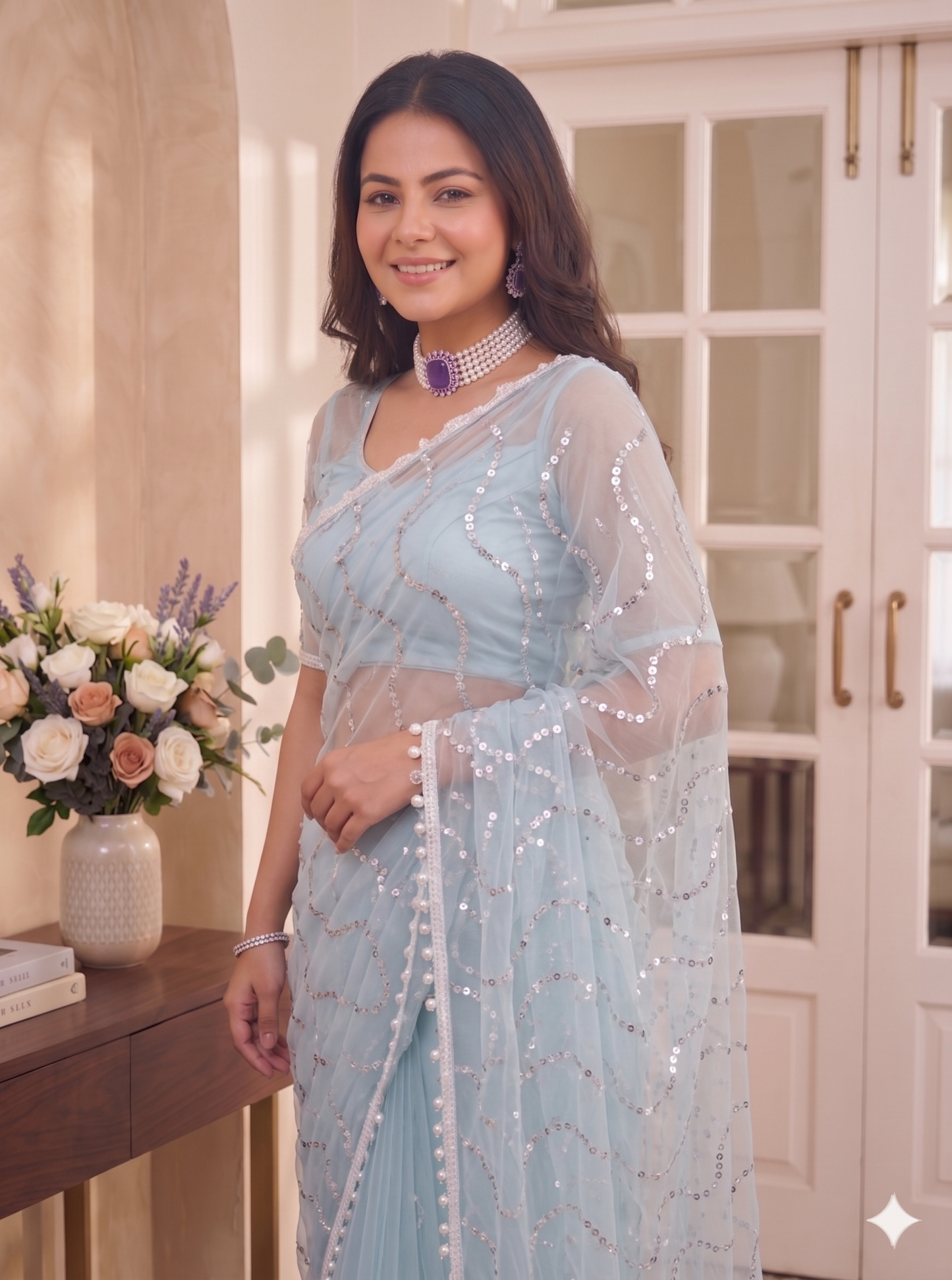 Net Sequence Saree with Unsticthed Blouse