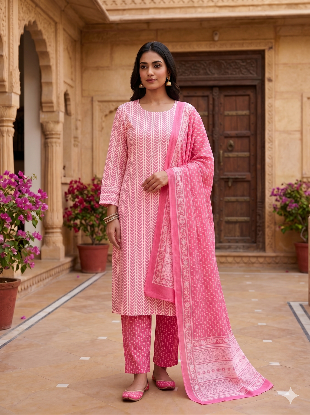 Pink Unstitched 3pc Suit Cotton Suit Printed Solid Work