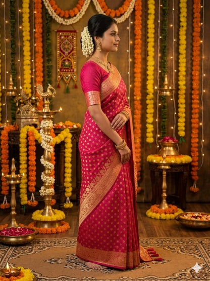 Soft Silk Dark Pink & Golden Zari Border Swarovski Work with Booti/Unstitched Blouse