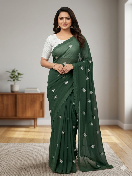GREEN SAREE WITH THREAD WORK & BLOUSE BANGLORI BLOUSE WITH SEQUENCE WORK