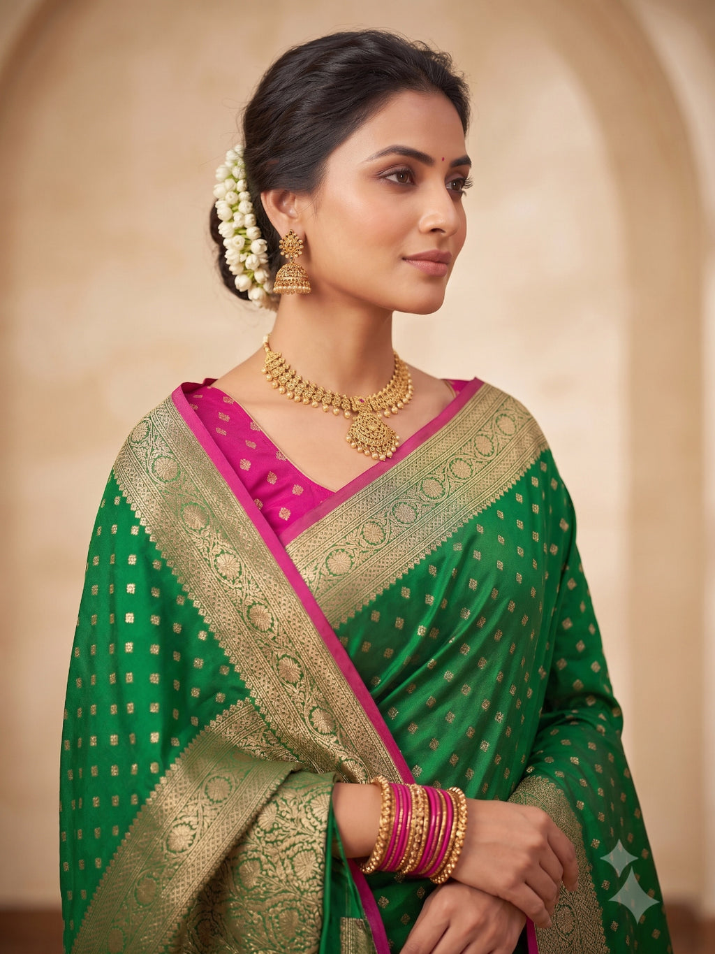 Silk Blend Golden Zari Border Woven Design Saree with Booti/Unstitched Blouse