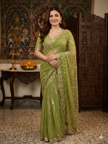 Georgette Green Sequins Work Saree/Sari