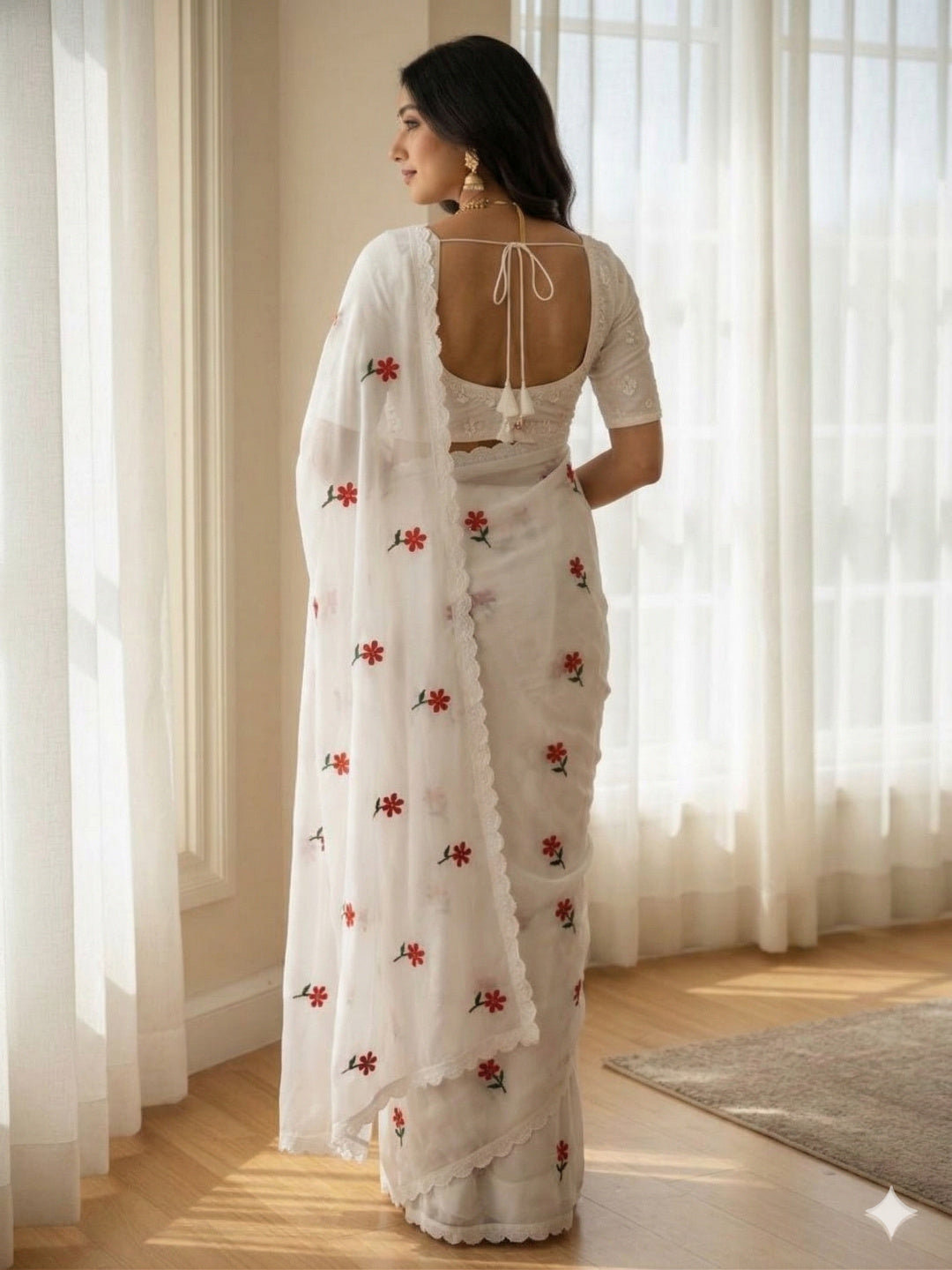 White SAREE WITH THREAD WORK & BLOUSE BANGLORI BLOUSE WITH SEQUENCE WORK