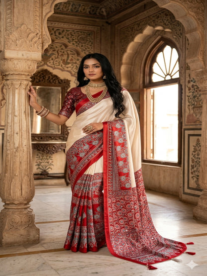 Japan Satin Silk Mirror work Latkan Pallu Saree/sari