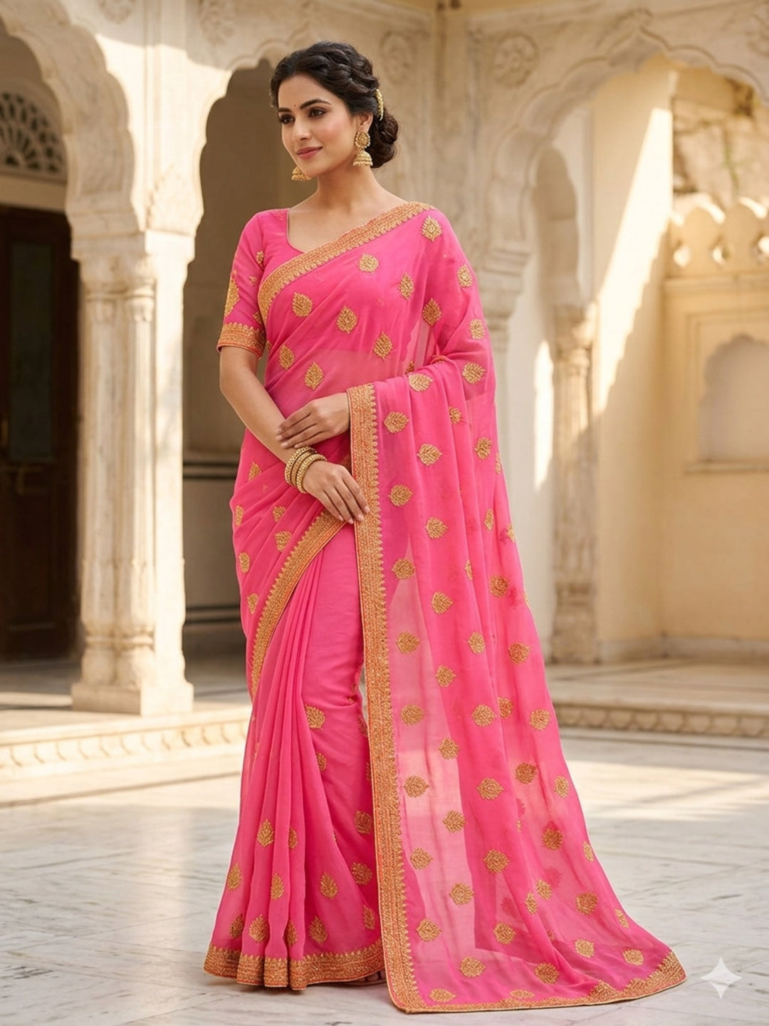 Pink golden Embroidery Georgette Saree
