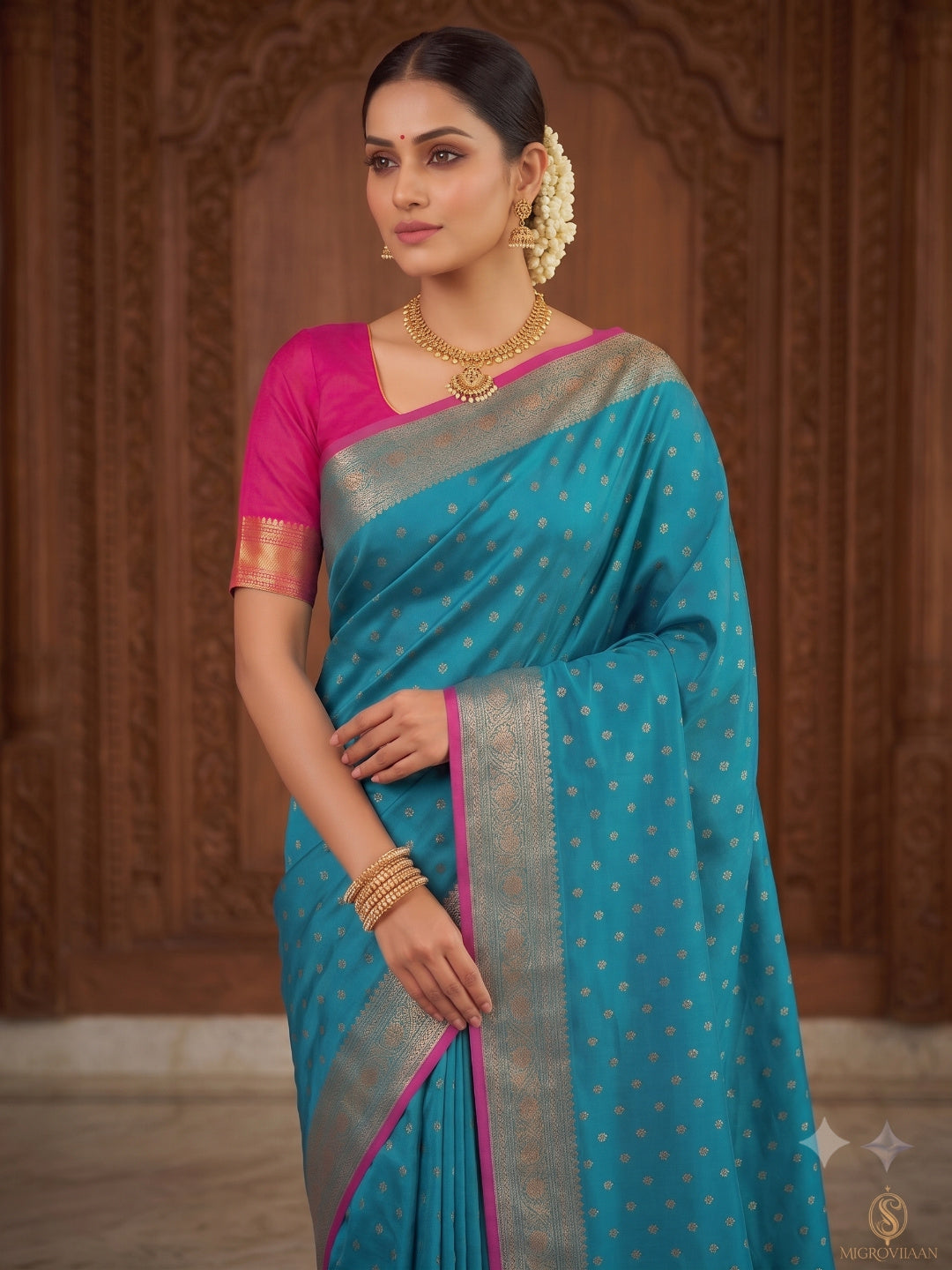 Silk Blend Golden Zari Border Woven Design Saree with Booti/Unstitched Blouse