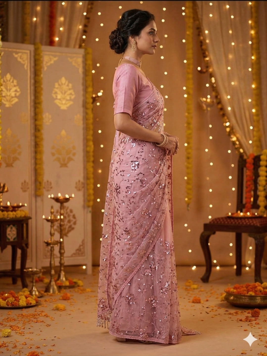 Soft Net Onion Pink Sequence Saree with Unsticthed Blouse