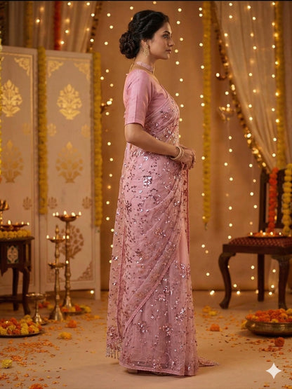 Soft Net Onion Pink Sequence Saree with Unsticthed Blouse