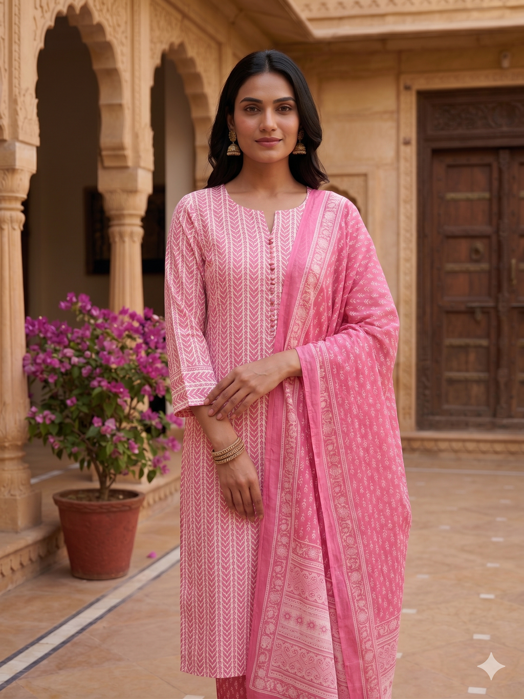 Pink Unstitched 3pc Suit Cotton Suit Printed Solid Work