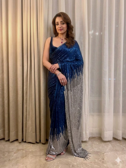 Heavy Pallu Dual Sequins Georgette Embroidery Work In Saree/Sari