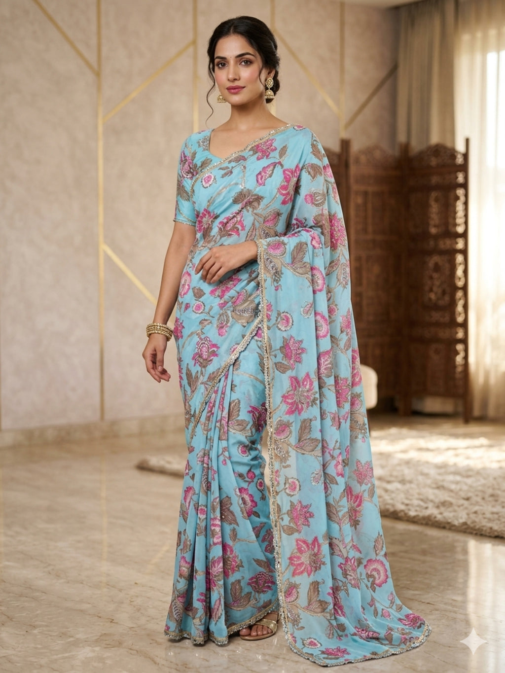 Georgette Sky Blue Saree with Sequinned Work