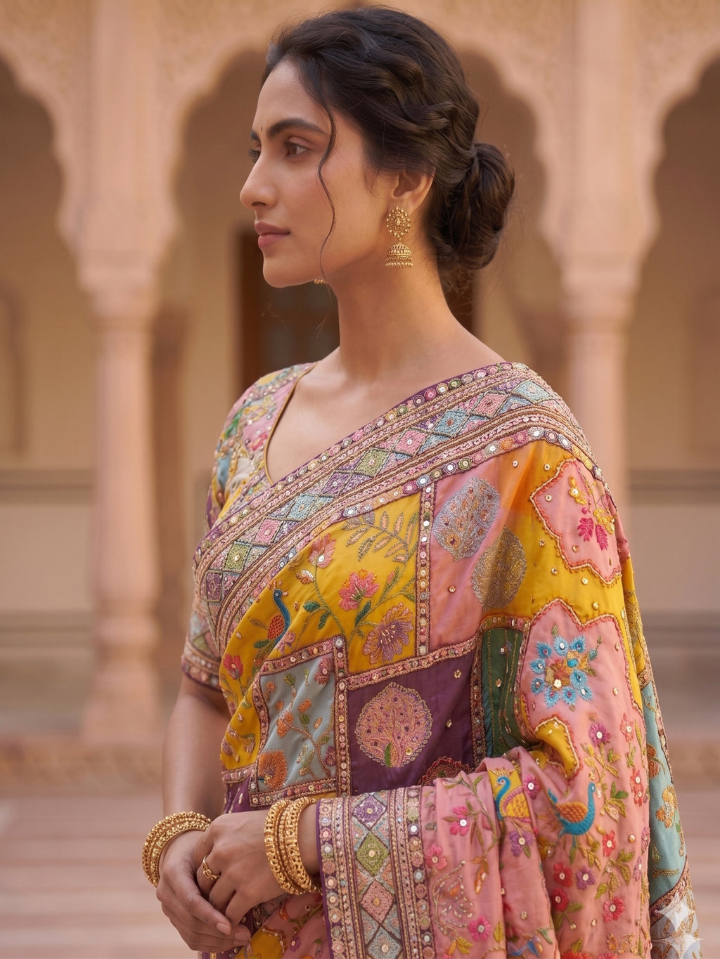 Heavy masakali georgette saree with rajgharana culture digital print and mirror work