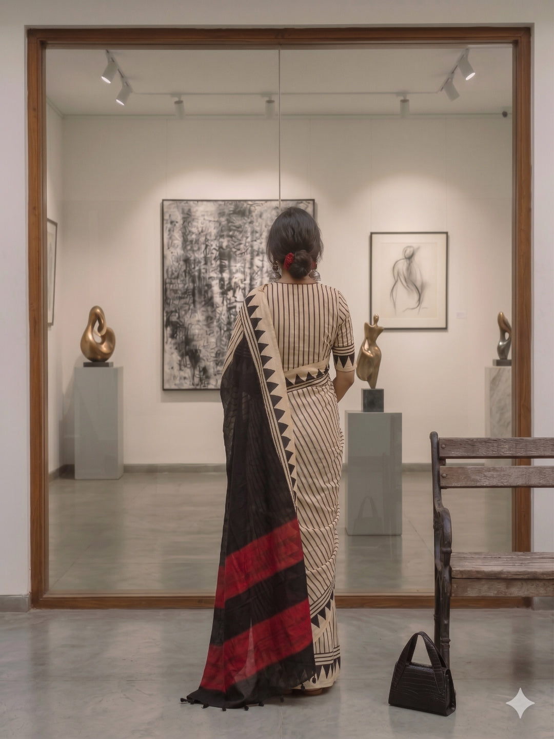 Satin Silk Cream & Black Print Saree