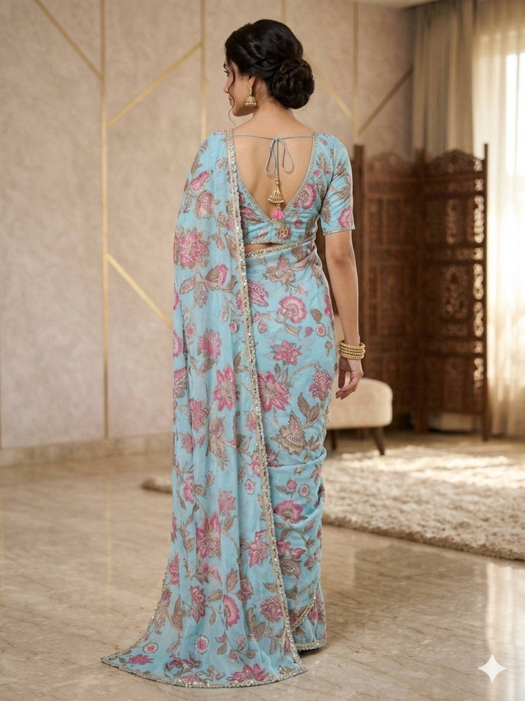 Georgette Sky Blue Saree with Sequinned Work