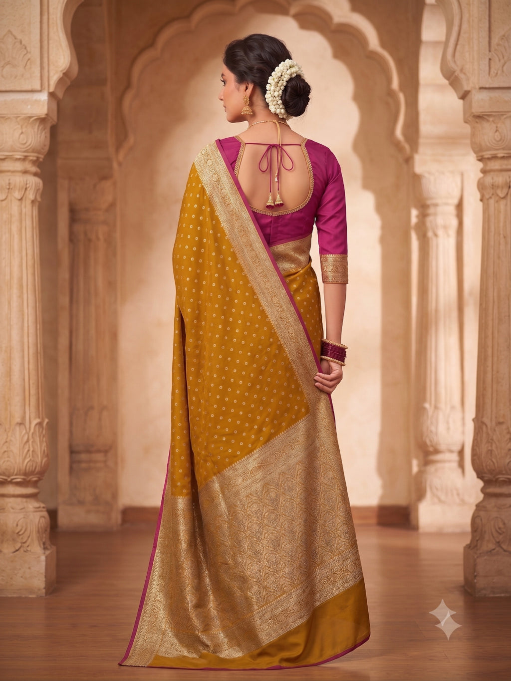 Silk Blend Golden Zari Border Woven Design Saree with Booti/Unstitched Blouse