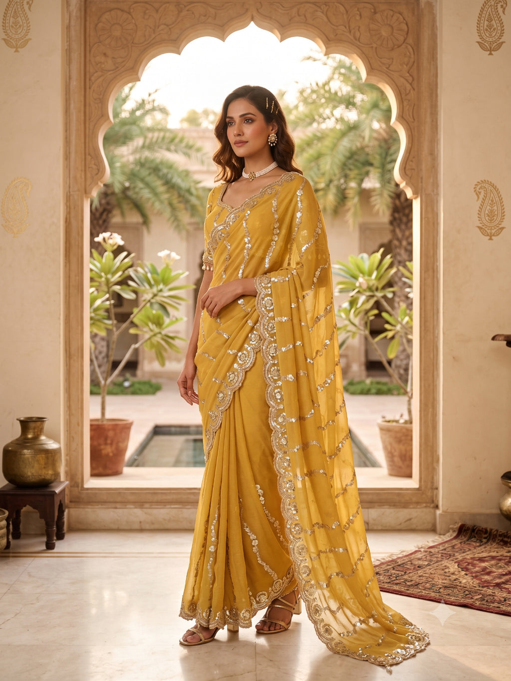 Georgette Green Sequins Work Saree/Sari