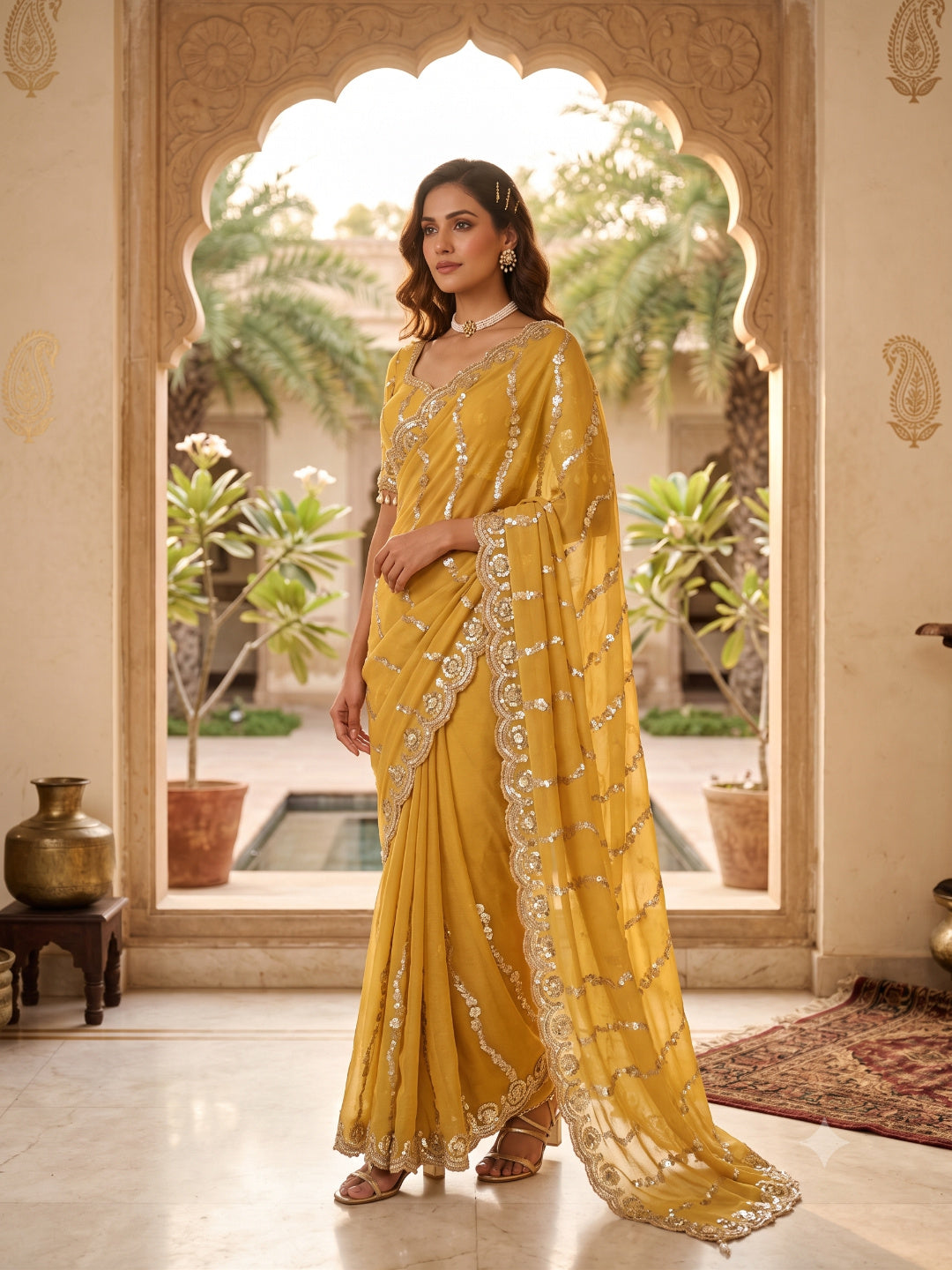 Georgette Green Sequins Work Saree/Sari