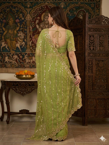 Georgette Green Sequins Work Saree/Sari