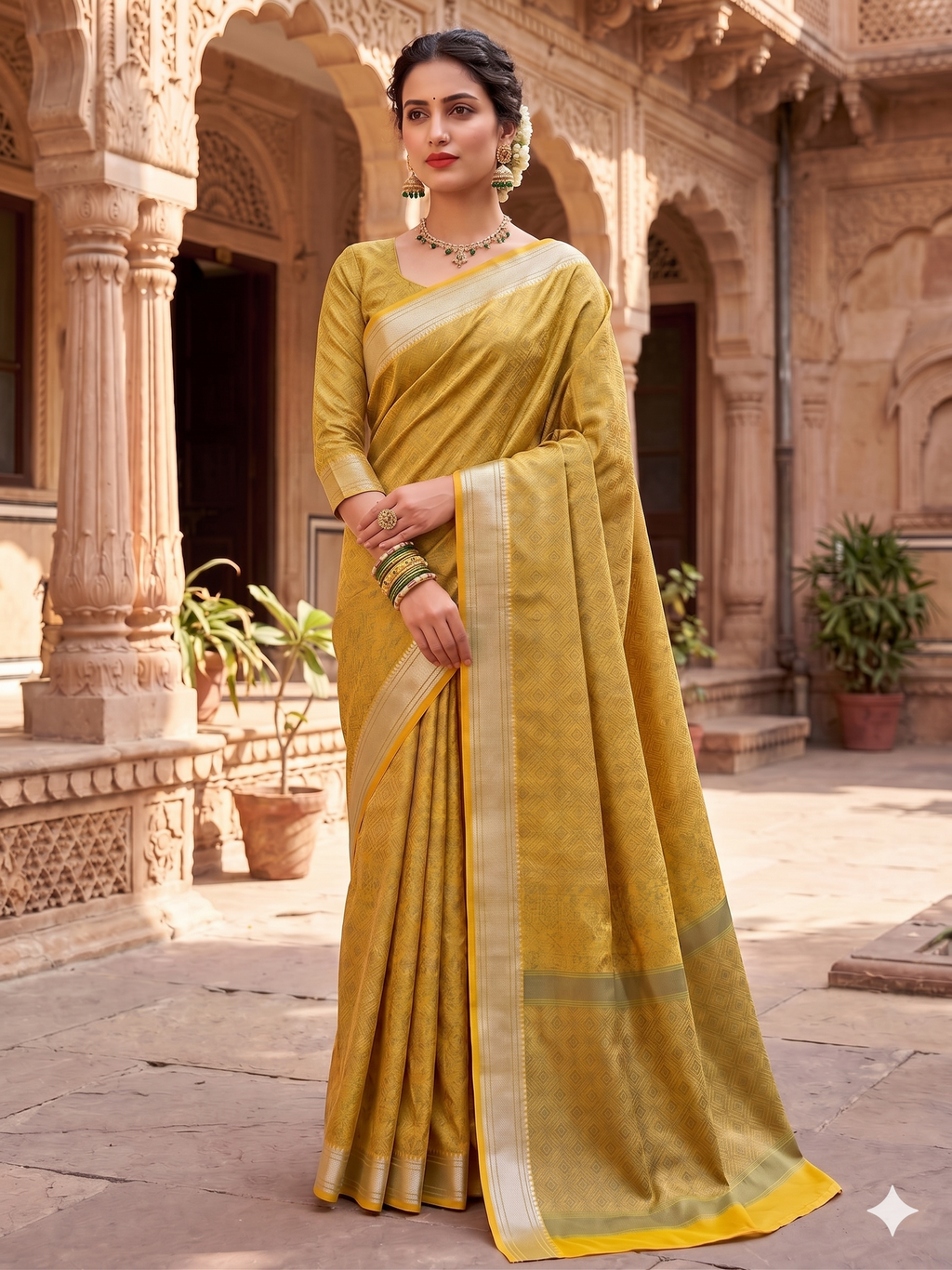 Soft Silk Mustard Woven Design Saree with Unstitched Blouse