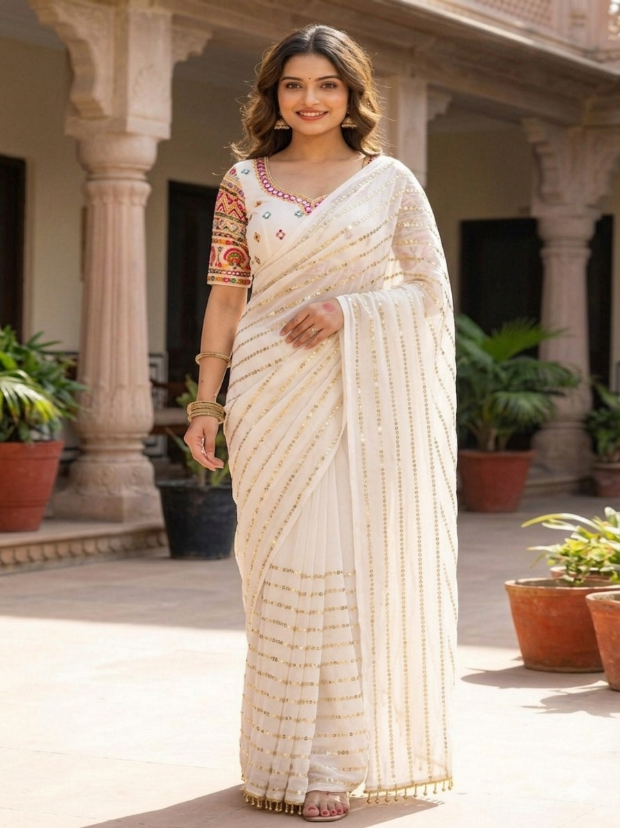 Embellished Sequinned Pure Georgette Heavy Work Saree