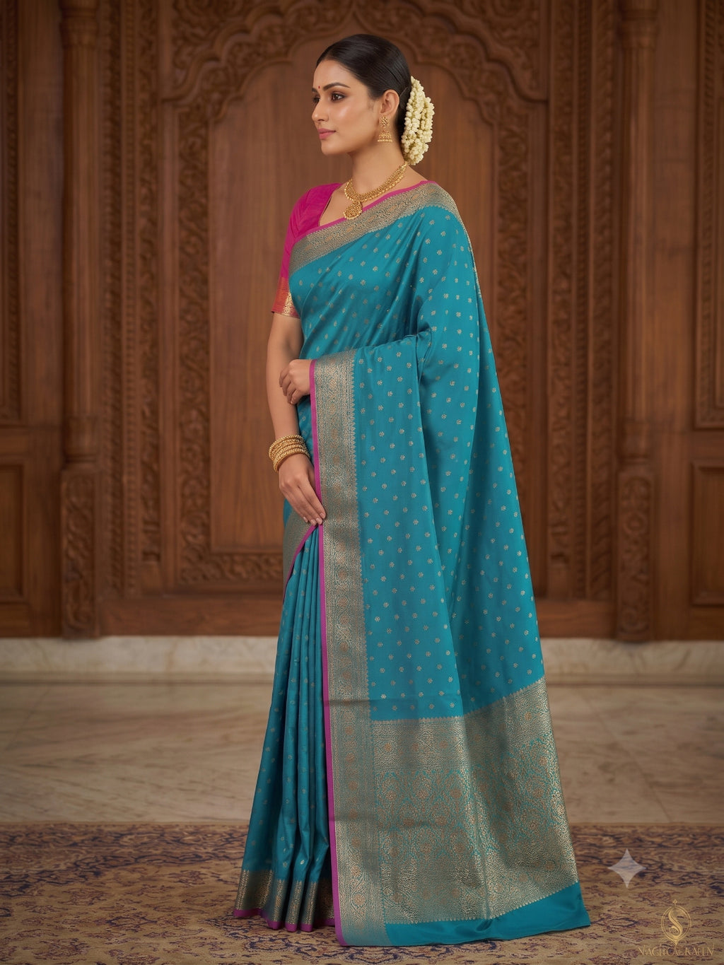 Silk Blend Golden Zari Border Woven Design Saree with Booti/Unstitched Blouse