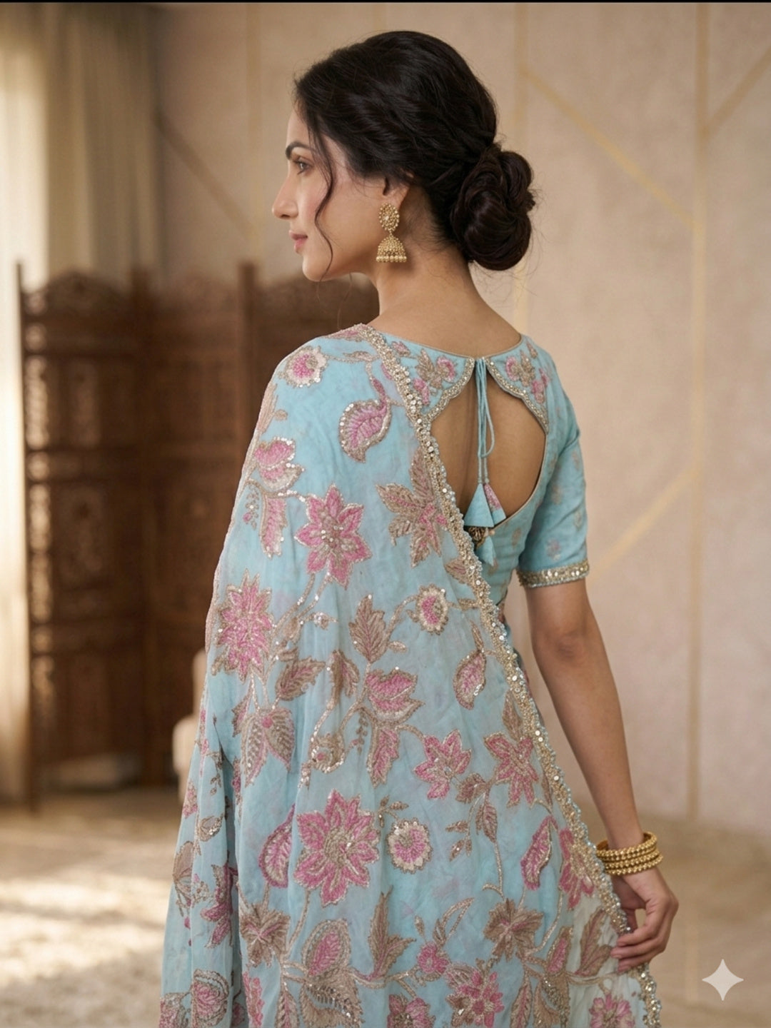 Georgette Sky Blue Saree with Sequinned Work