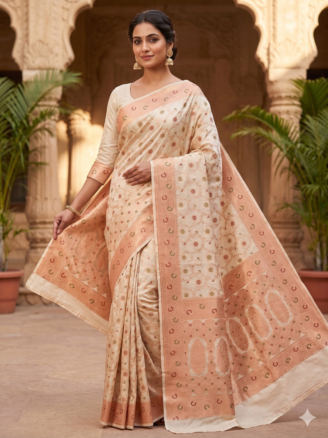 Banarasi Silk Cream &amp; Golden Zari Weaving Work Unstitched Blouse