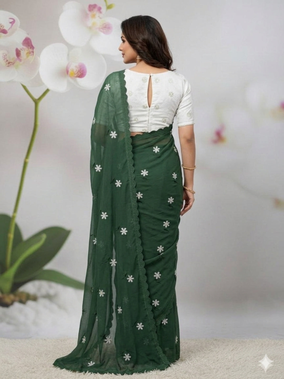 GREEN SAREE WITH THREAD WORK & BLOUSE BANGLORI BLOUSE WITH SEQUENCE WORK
