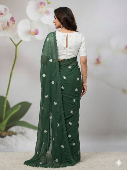 GREEN SAREE WITH THREAD WORK & BLOUSE BANGLORI BLOUSE WITH SEQUENCE WORK