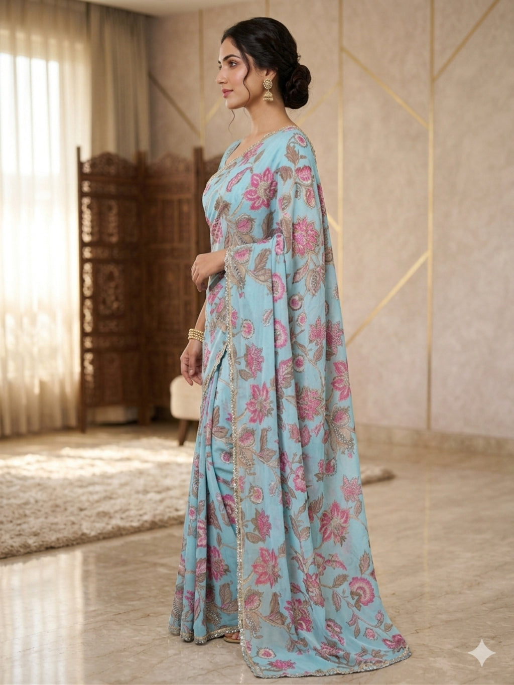 Georgette Sky Blue Saree with Sequinned Work
