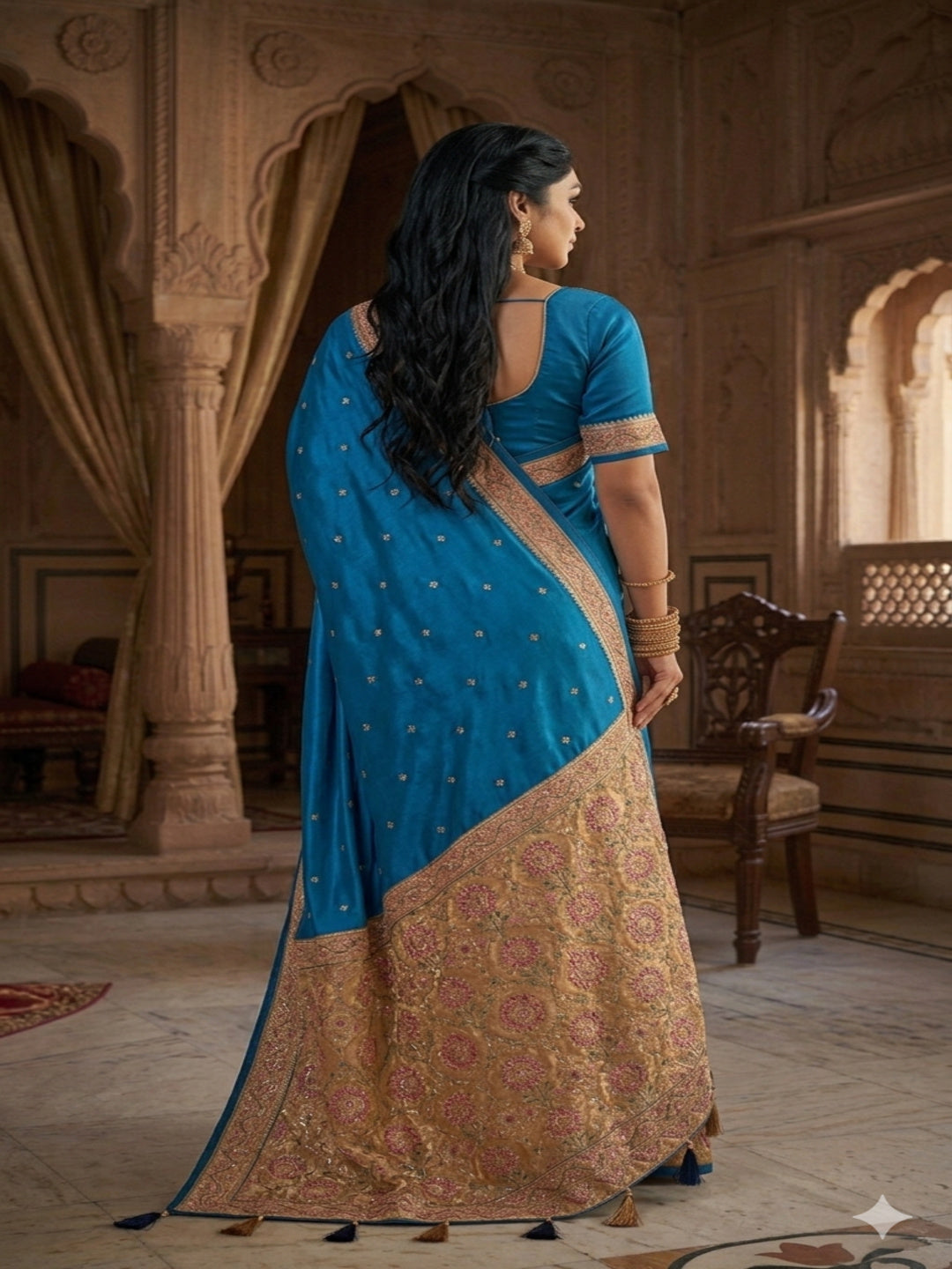 Japan Satin Silk Mirror Work with Latkan Pallu Border