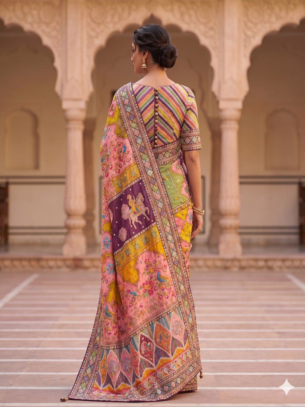 Heavy masakali georgette saree with rajgharana culture digital print and mirror work