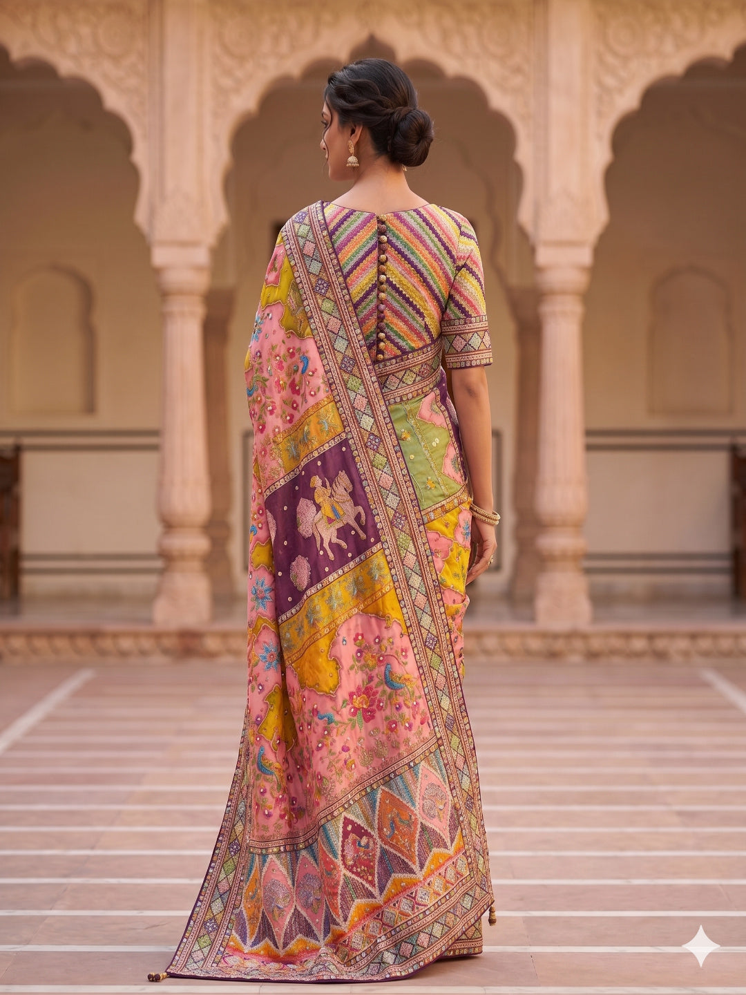 Heavy masakali georgette saree with rajgharana culture digital print and mirror work