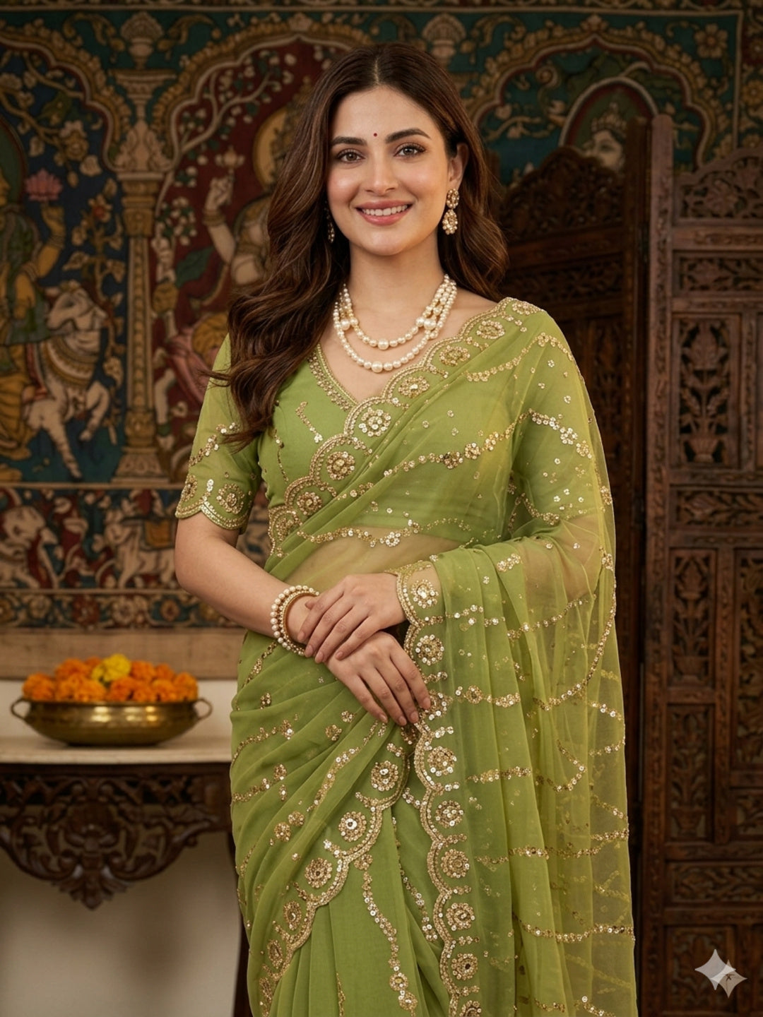 Georgette Green Sequins Work Saree/Sari